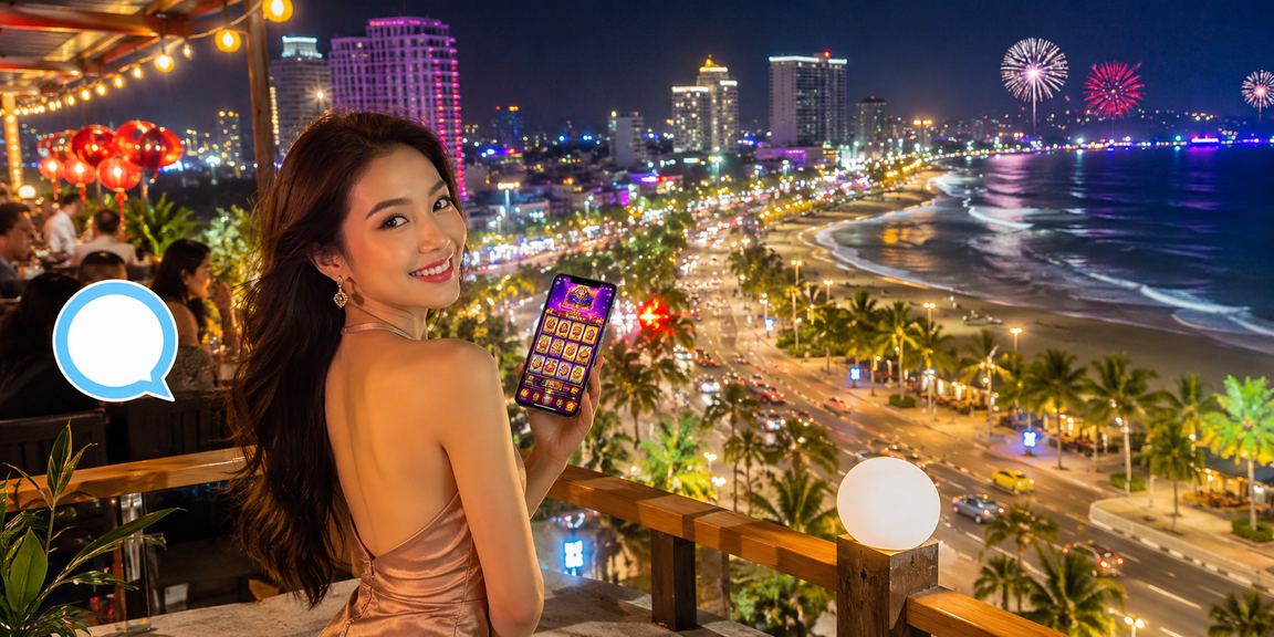 Người dùng tại bãi biển Nha Trang chơi slot game trên điện thoại trong buổi chiều tà